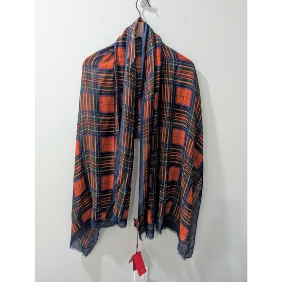 Carolina Herrera Red Blue Plaid Modal Cashmere Scarf NWT - Picture 1 of 6